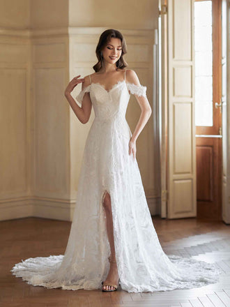 Robe de mariée longue en dentelle sexy fendue épaule dénudée dos ouvert col en V