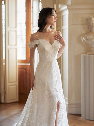 Robe de mariée longue en dentelle sexy fendue épaule dénudée dos ouvert col en V