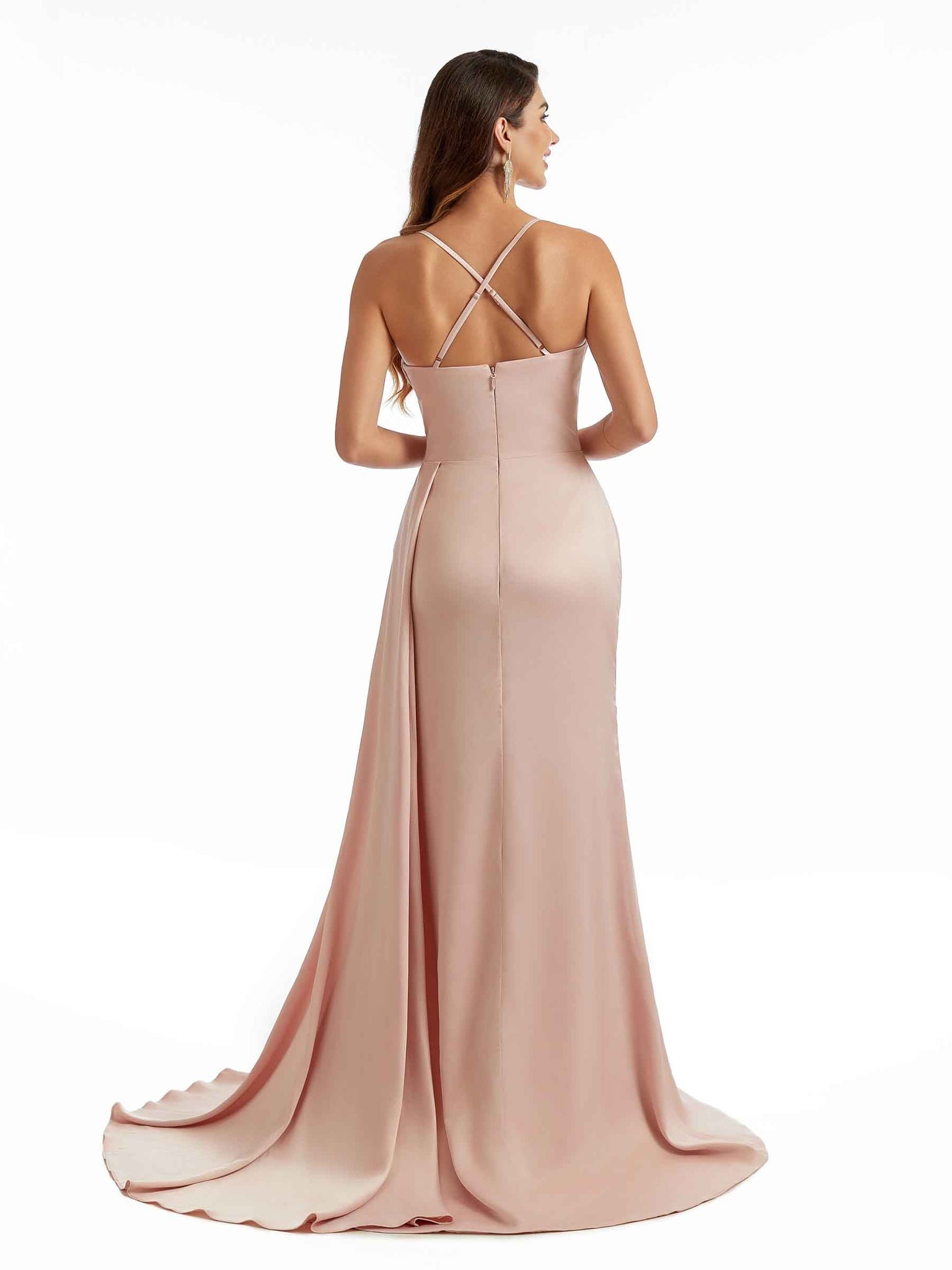 Robe demoiselle d'honneur longue en satin plissée à bretelles spaghetti fendues
