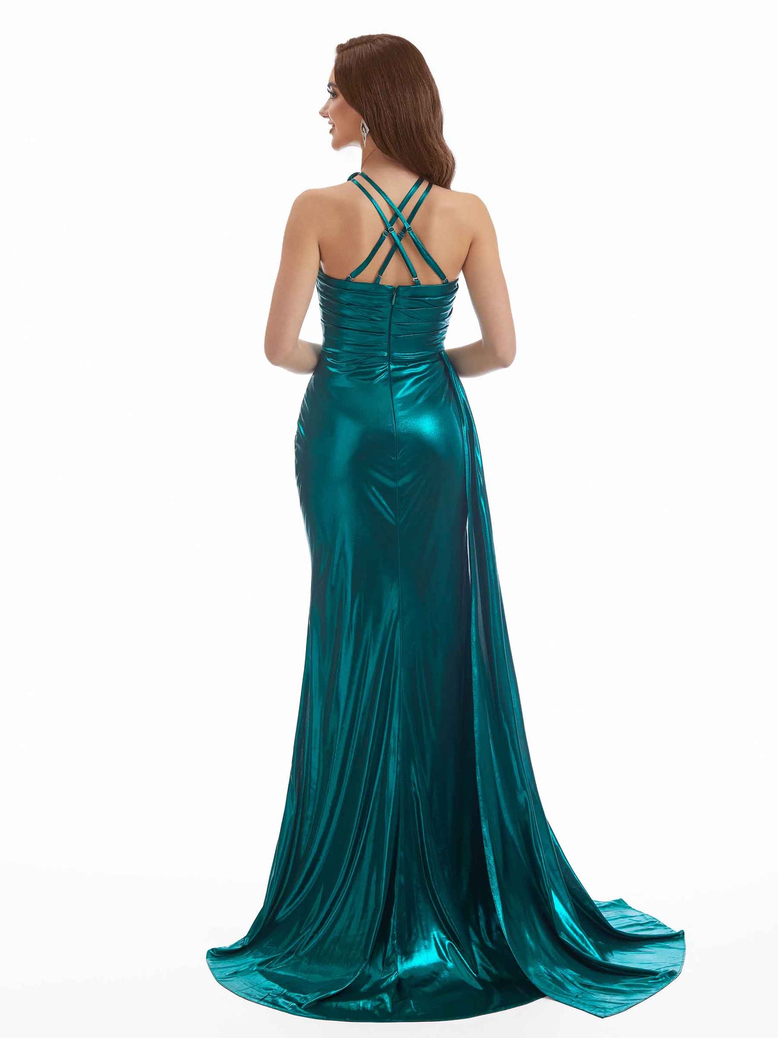 Robe longue métallique sexy à fente latérale dos nu scintillante