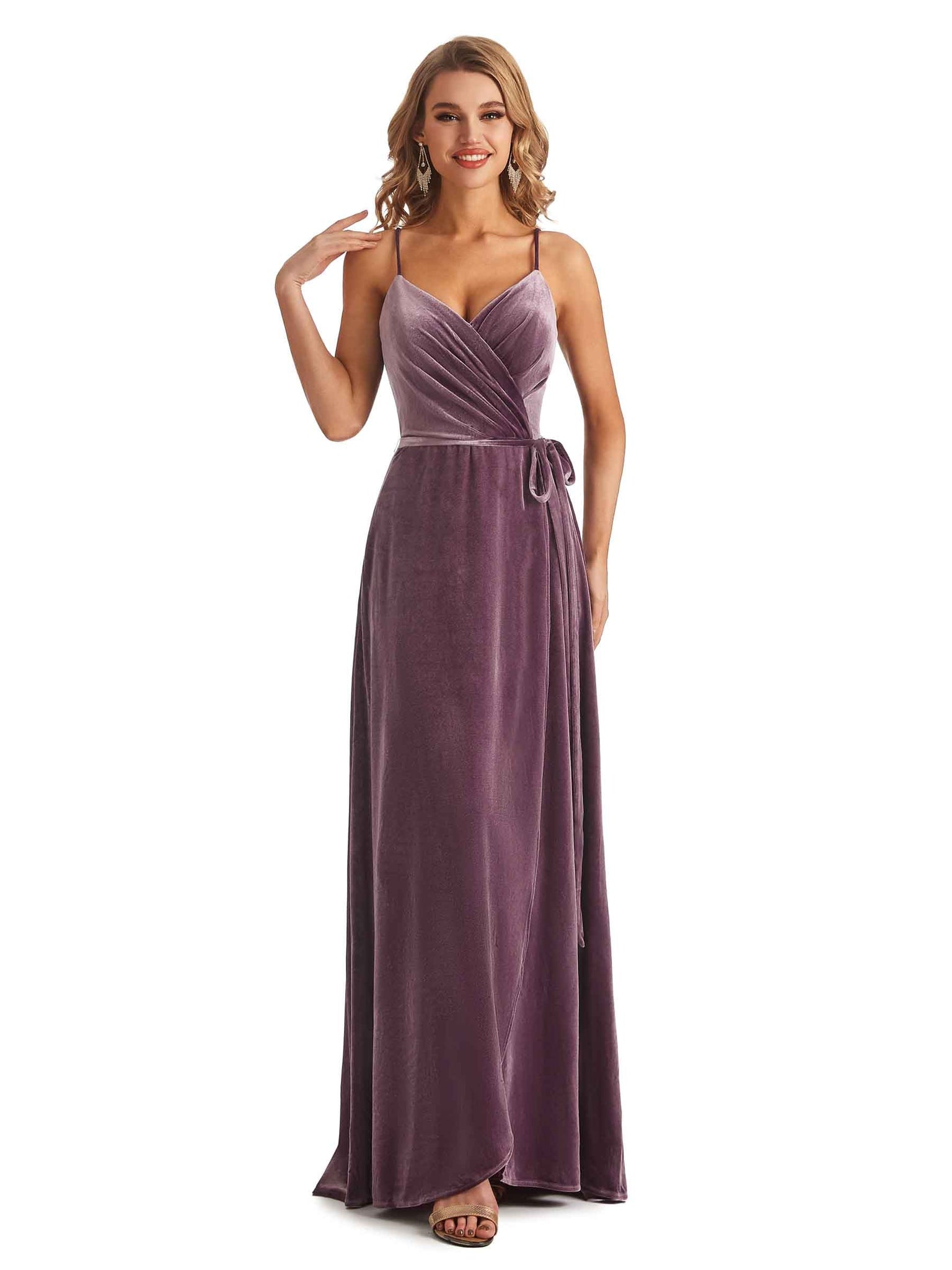 Bretelles Spaghetti A-ligne Velours Col En V Fente Haute Maxi Longues Robes De Demoiselle D'honneur