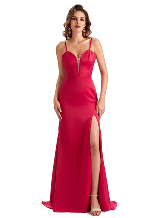 Robe de soirée sirène Satin doux élégante fente asymétrique épaule dénudée longue