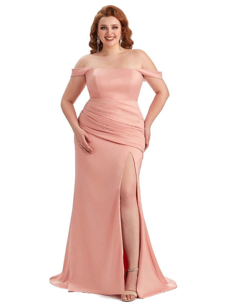 Robe de demoiselle d'honneur longue en Satin doux  sexy épaules dénudées  fente latérale grande taille pour mariage