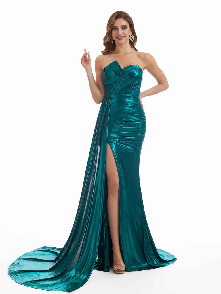 Sexy Side Slit Mermaid Asymmetric Neckline Pleated Metallic Long Dresses Online