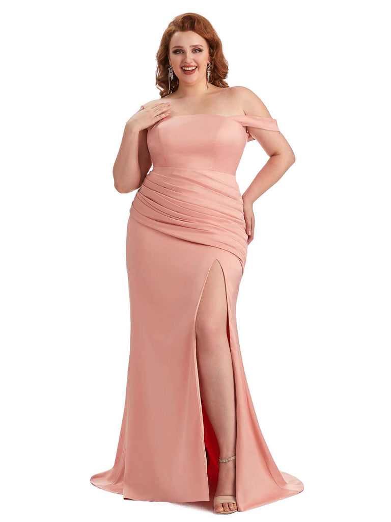 Robe de demoiselle d'honneur longue en Satin doux  sexy épaules dénudées  fente latérale grande taille pour mariage