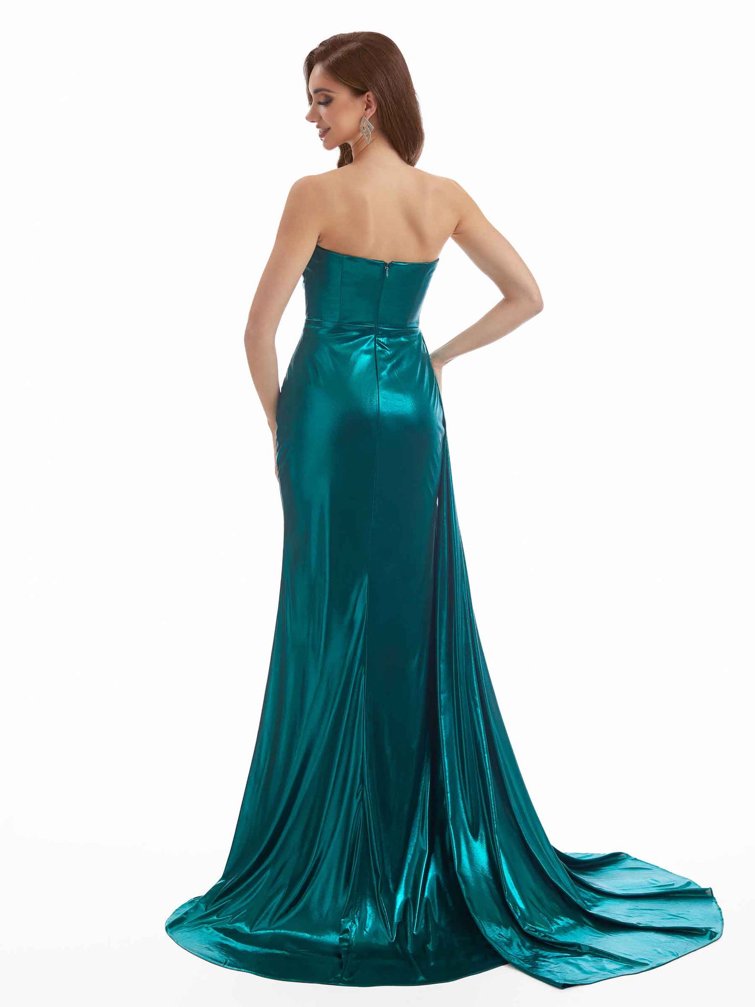 Robe longue plissée à décolleté asymétrique fente sexy style sirène