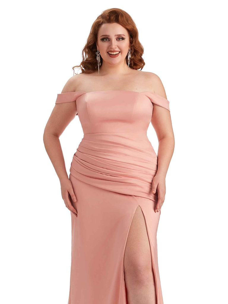 Robe de demoiselle d'honneur longue en Satin doux  sexy épaules dénudées  fente latérale grande taille pour mariage