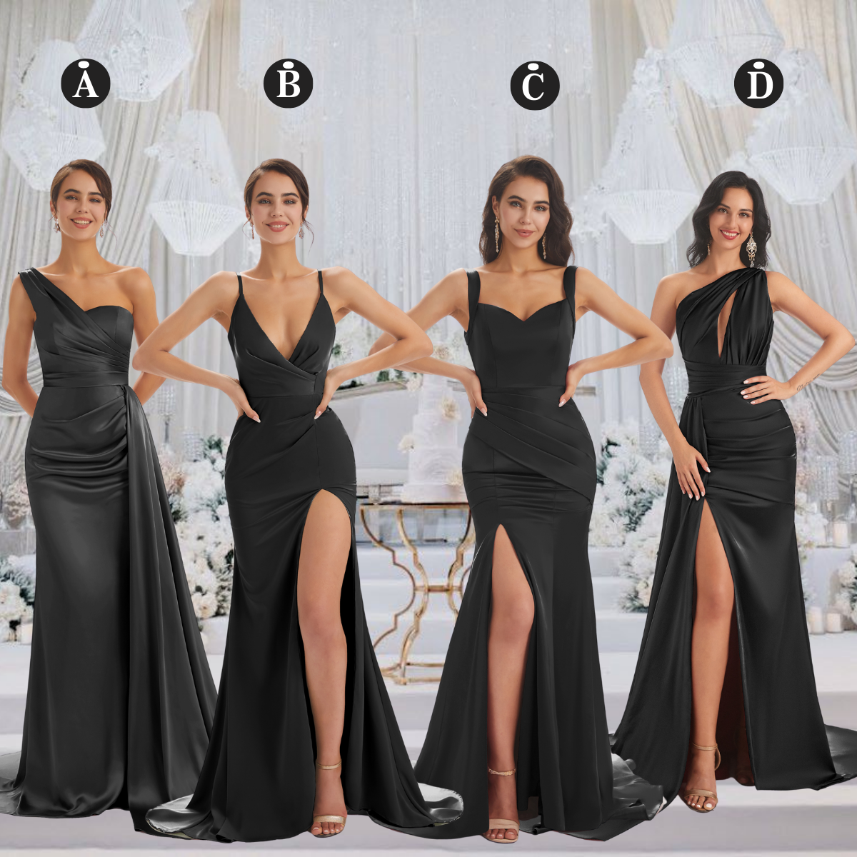 Noir Robes de demoiselle d'honneur longues en satin doux sirène dépareillées fente sexy