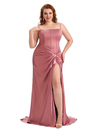 Robe de demoiselle d'honneur longue en satin doux bretelles spaghetti grande taille