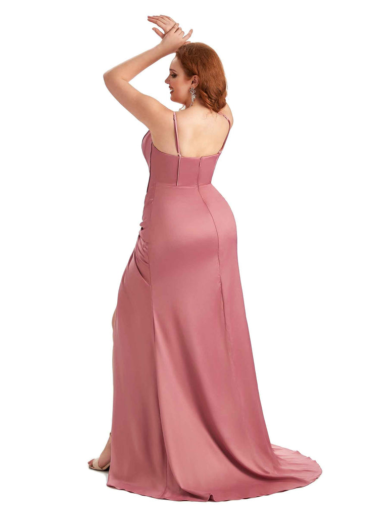 Robe de demoiselle d'honneur longue en satin doux bretelles spaghetti grande taille