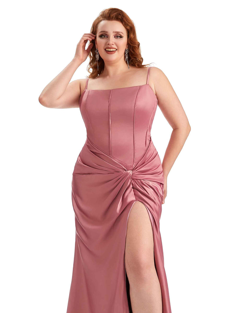 Robe de demoiselle d'honneur longue en satin doux bretelles spaghetti grande taille