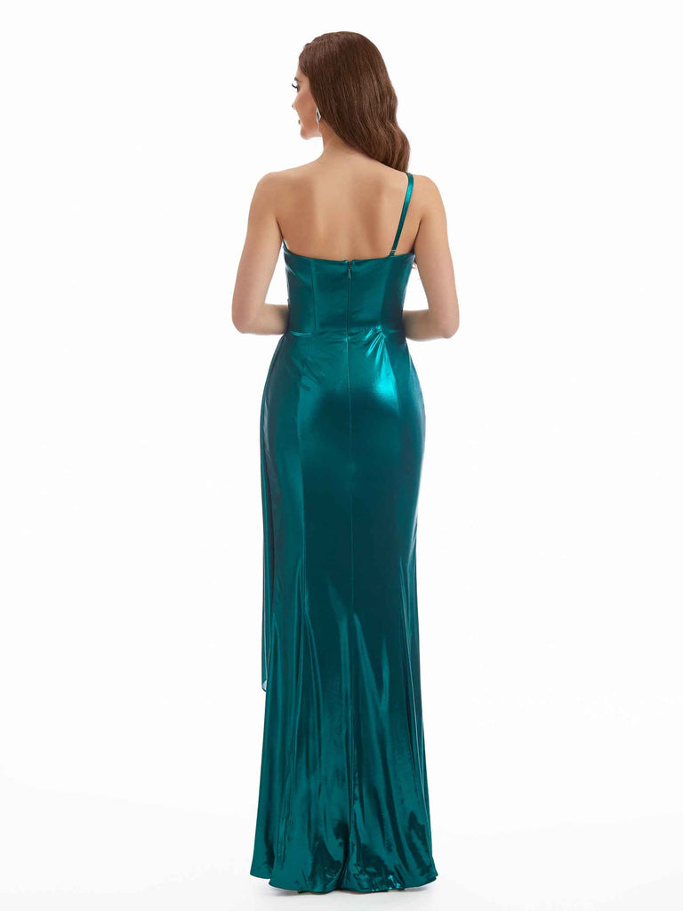 Elegant Side Slit One Shoulder Pleated Metallic Stretch Shiny Maxi Mermaid Dresses Online