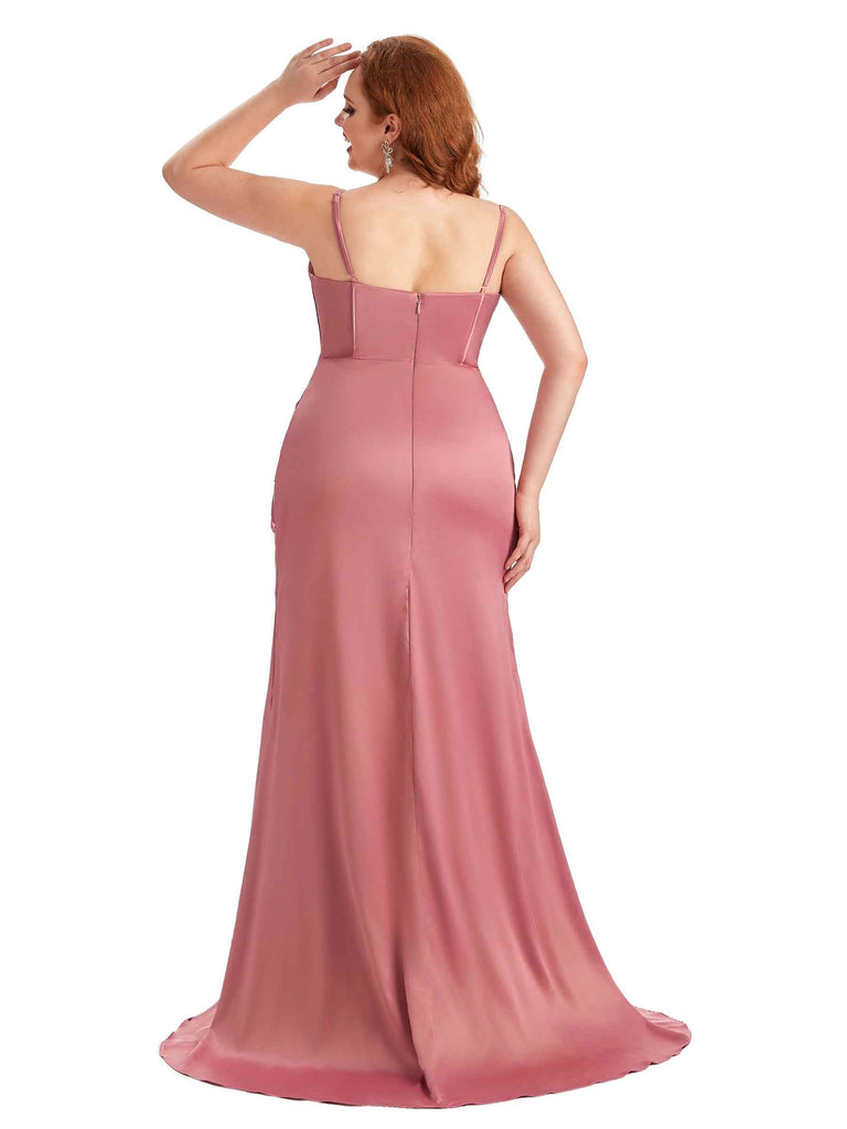 Robe de demoiselle d'honneur longue en satin doux bretelles spaghetti grande taille