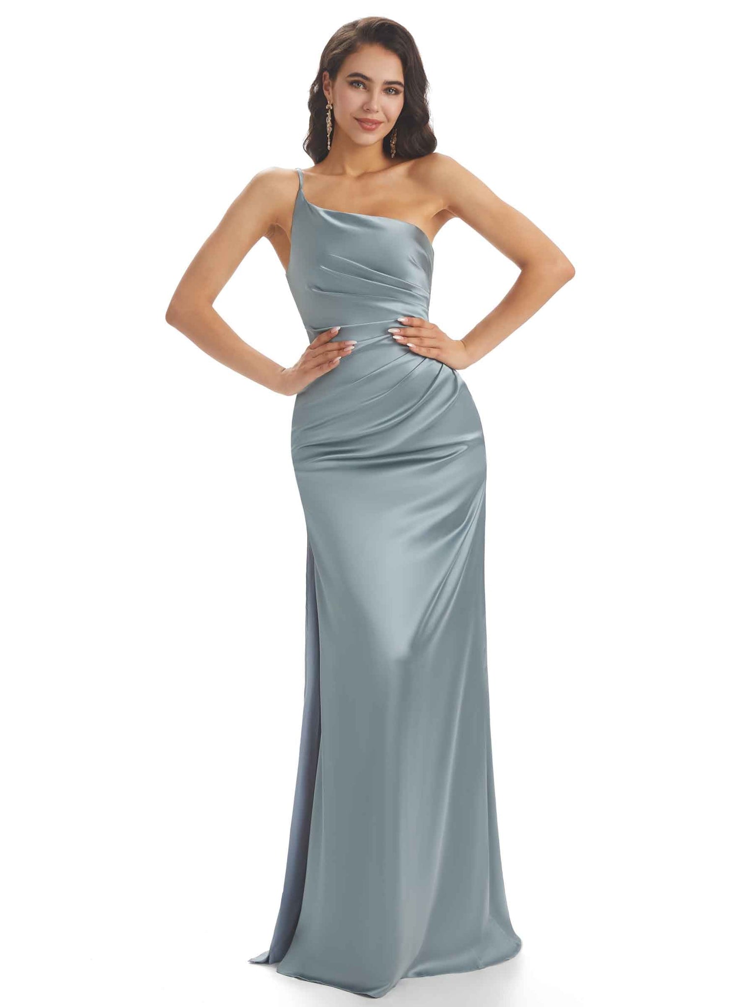 Robes de demoiselle d'honneur longues sexy satin doux une épaule fendue Sans maches