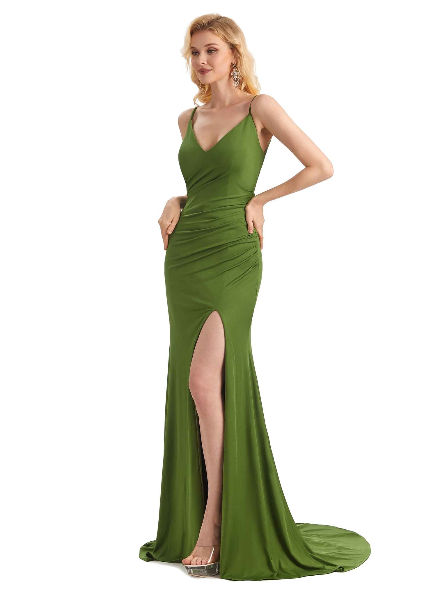 Robes de demoiselle d'honneur formelles longues jersey fente latérale sexy