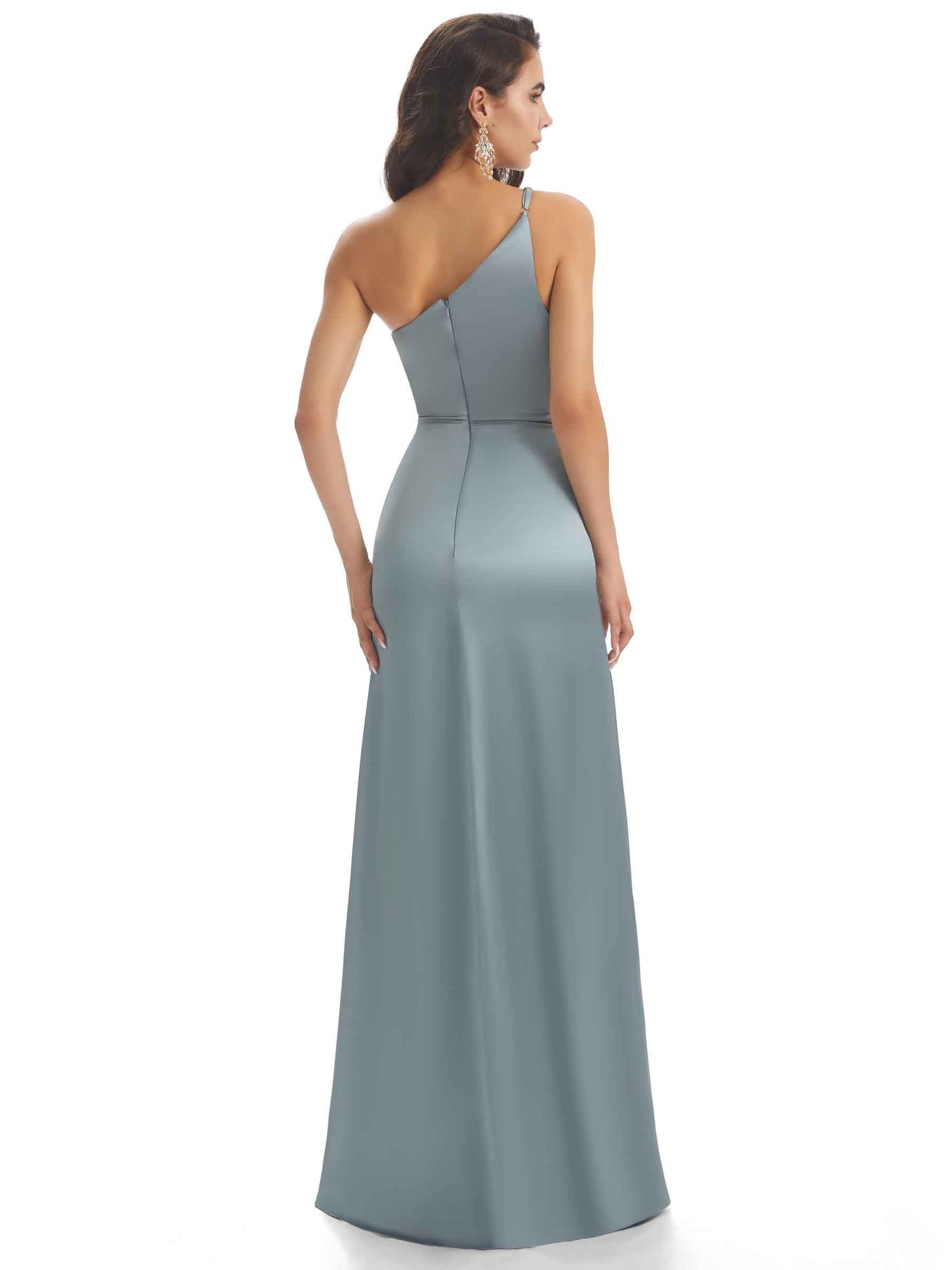 Robes de demoiselle d'honneur longues sexy satin doux une épaule fendue Sans maches