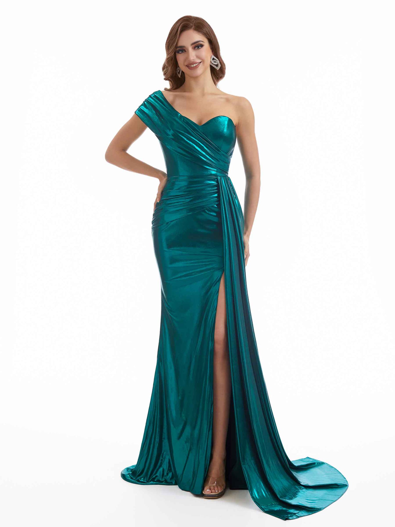 Robe en métal scintillant longue élégante à une épaule fente latérale