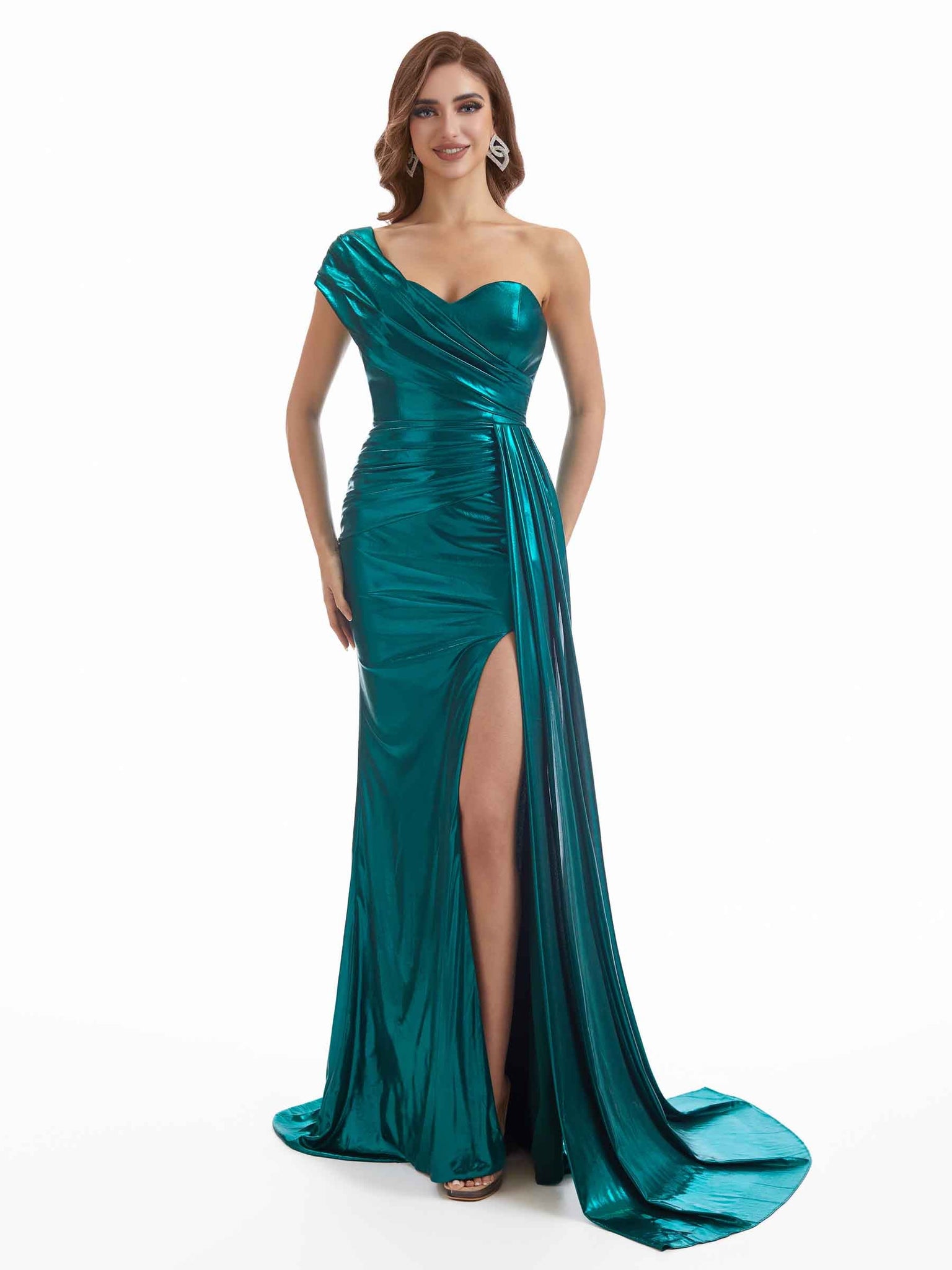 Robe en métal scintillant longue élégante à une épaule fente latérale