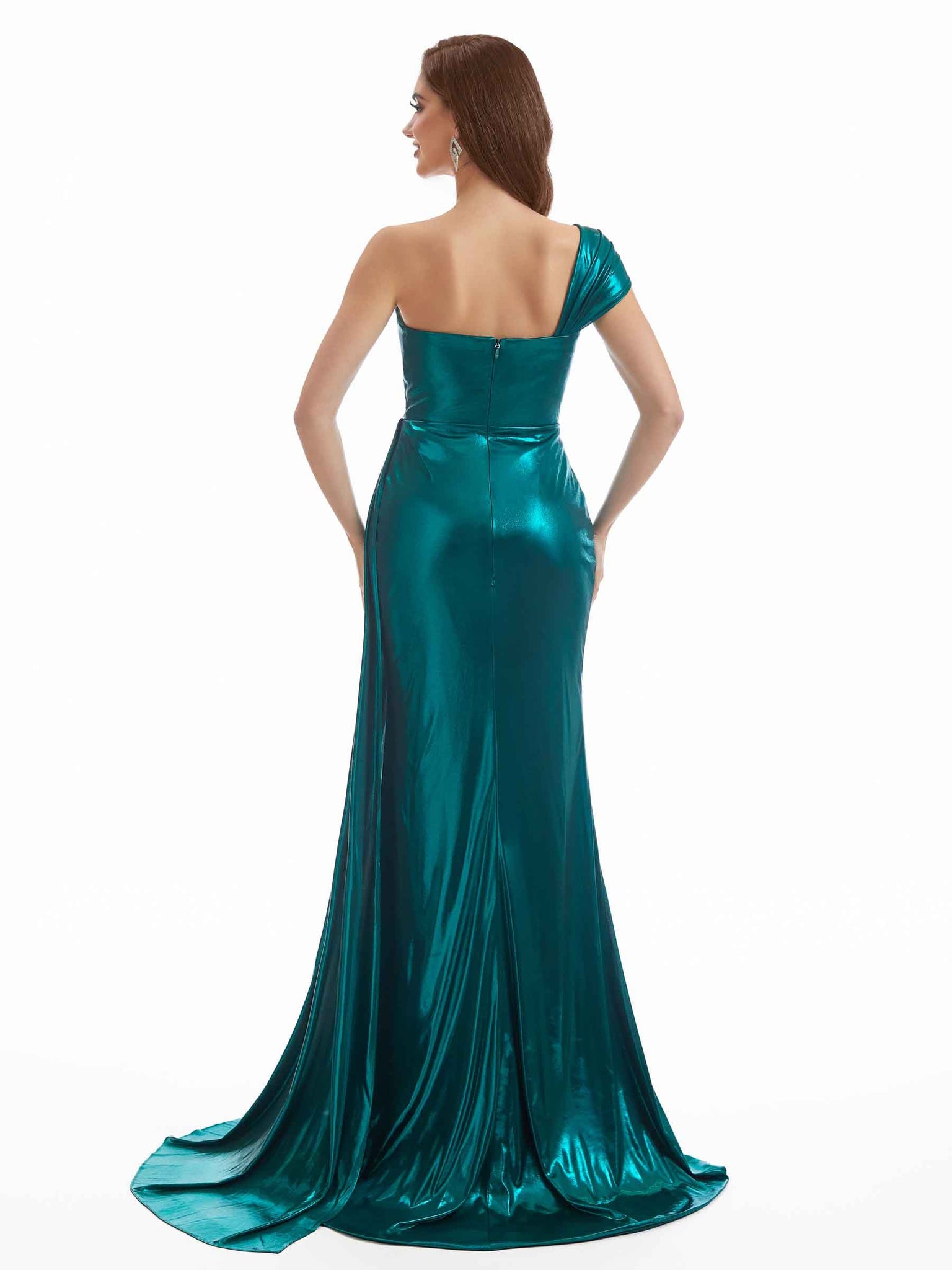 Robe en métal scintillant longue élégante à une épaule fente latérale