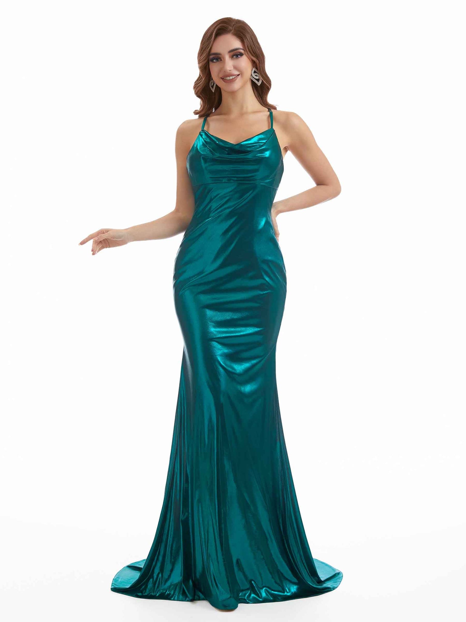 Robe métallique longue sexy à col montant imprimé liquide pour femme