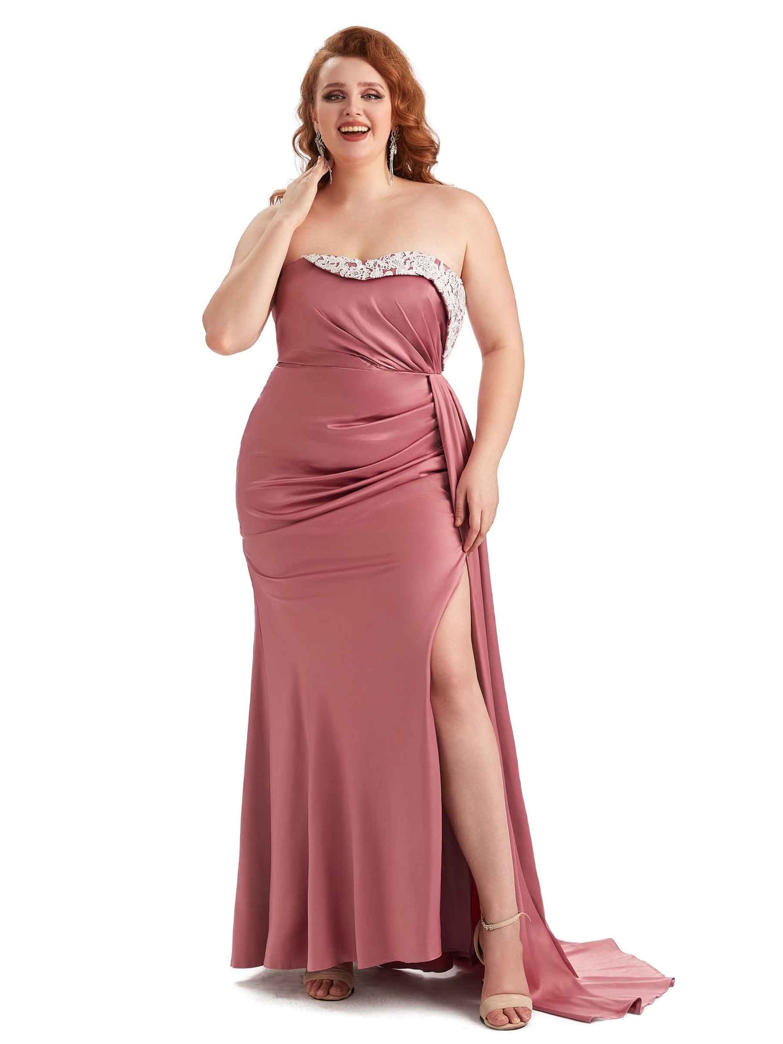 Robe invitée mariage sexy grande taille en satin doux avec fente et bretelles en dentelle sirène