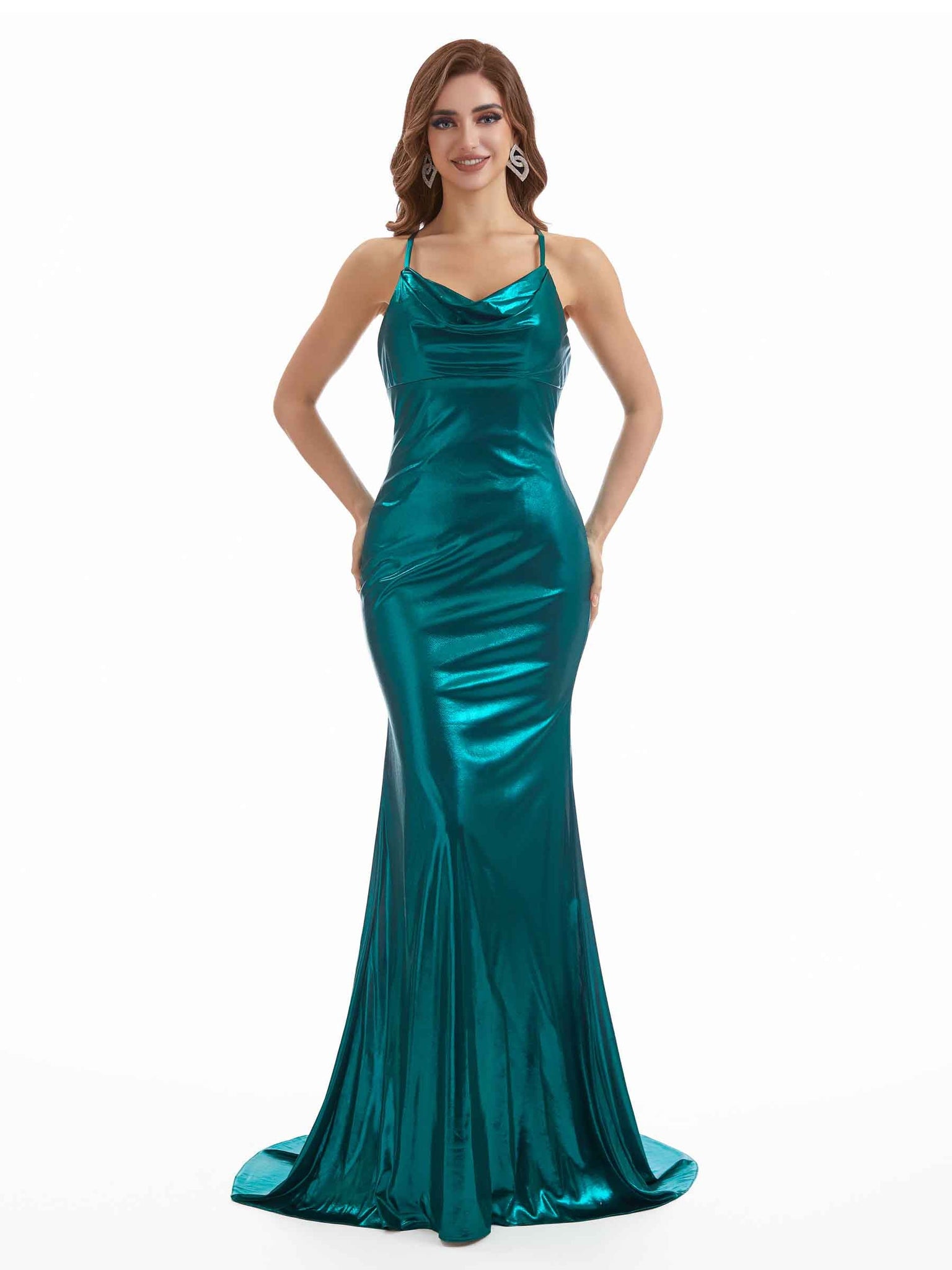 Robe métallique longue sexy à col montant imprimé liquide pour femme