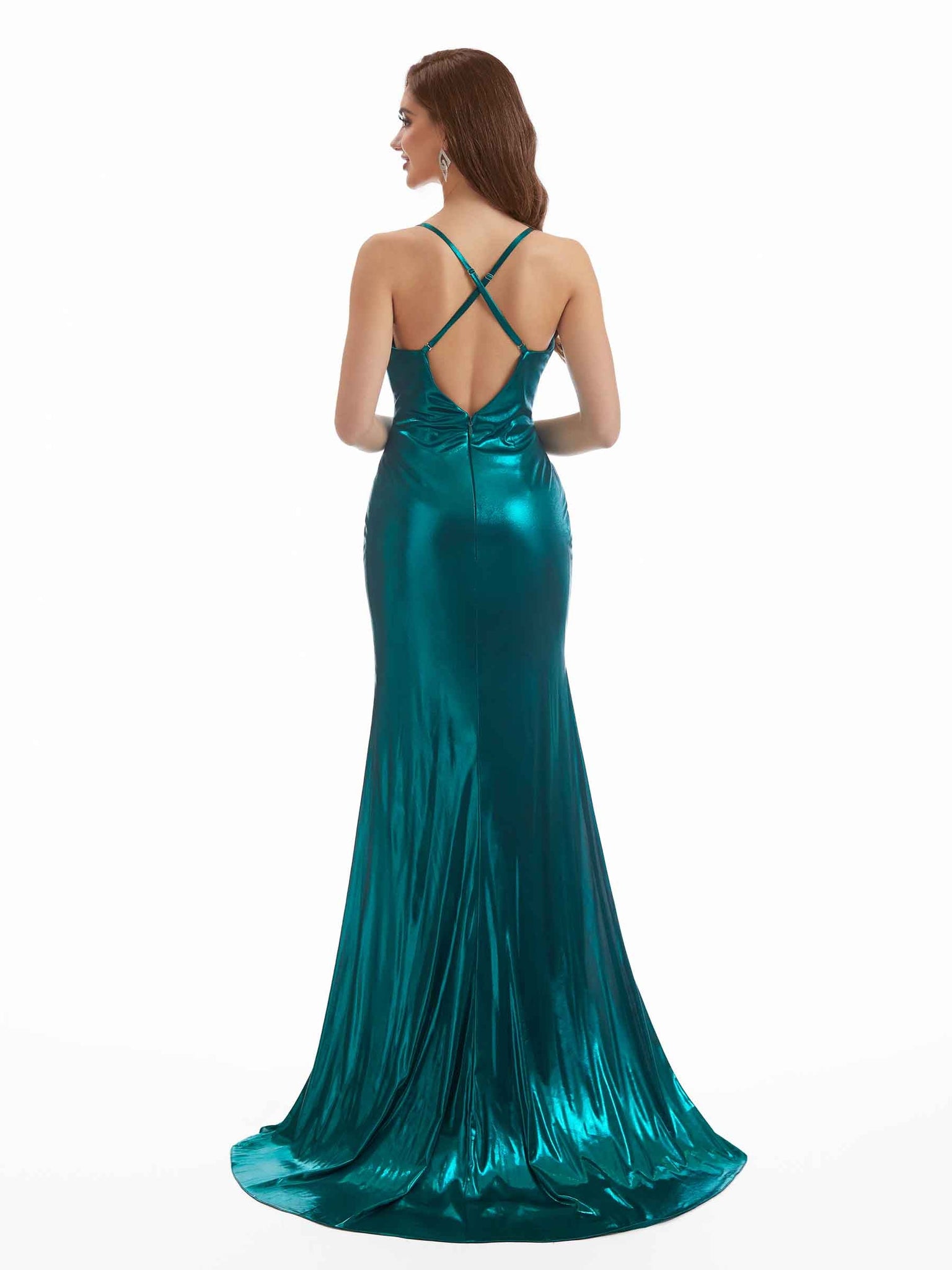 Robe métallique longue sexy à col montant imprimé liquide pour femme