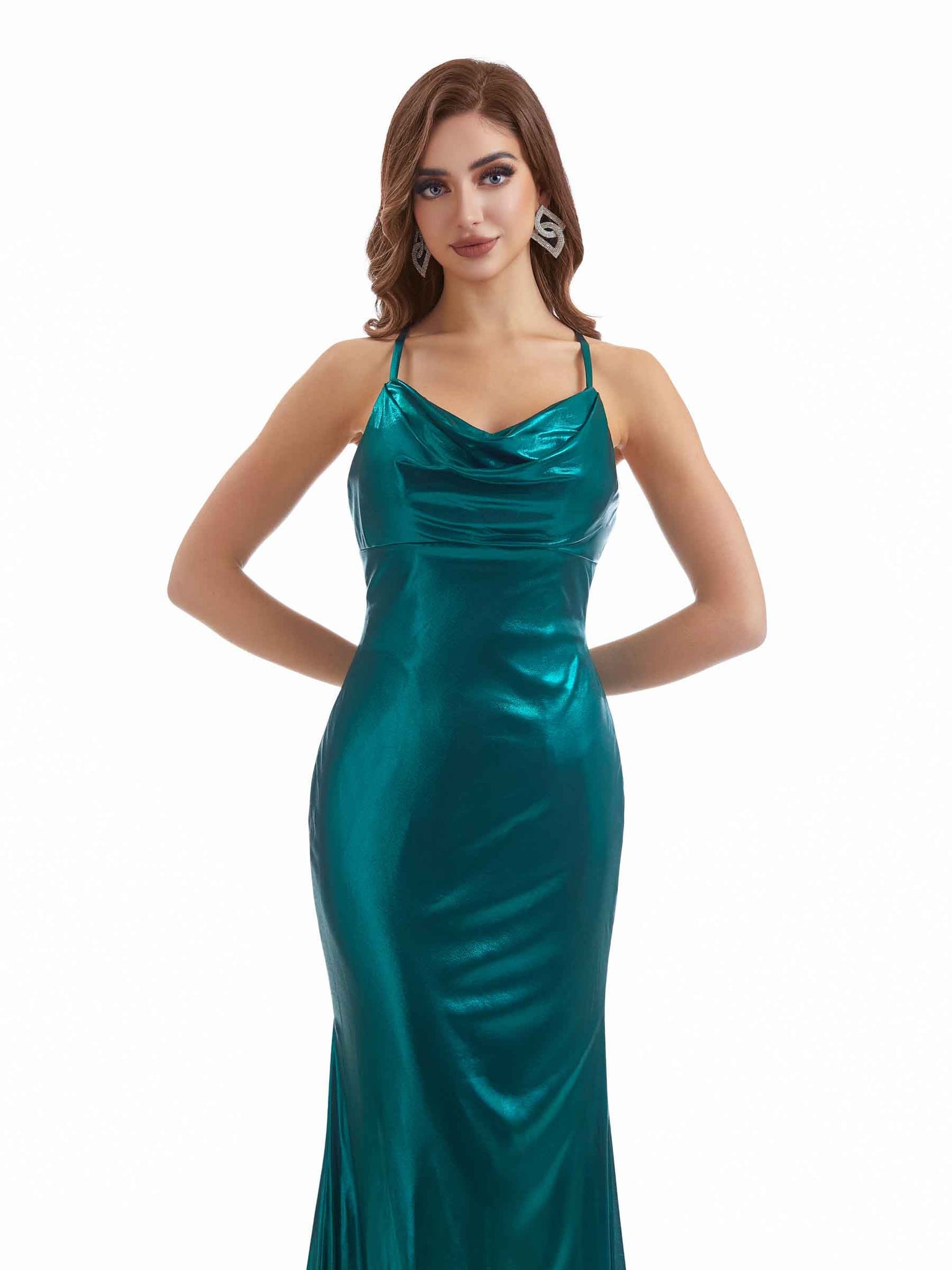Robe métallique longue sexy à col montant imprimé liquide pour femme