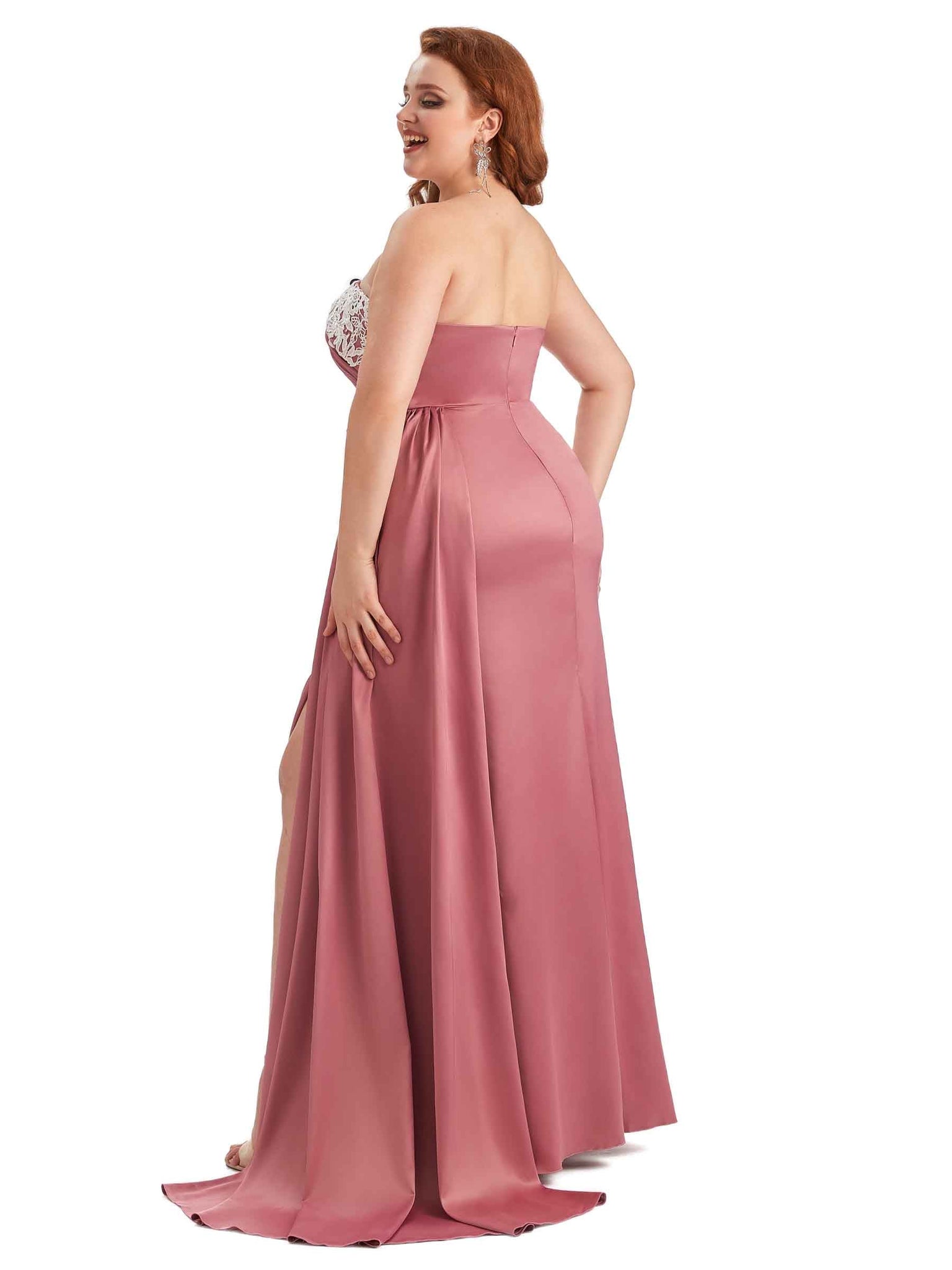 Robe invitée mariage sexy grande taille en satin doux avec fente et bretelles en dentelle sirène