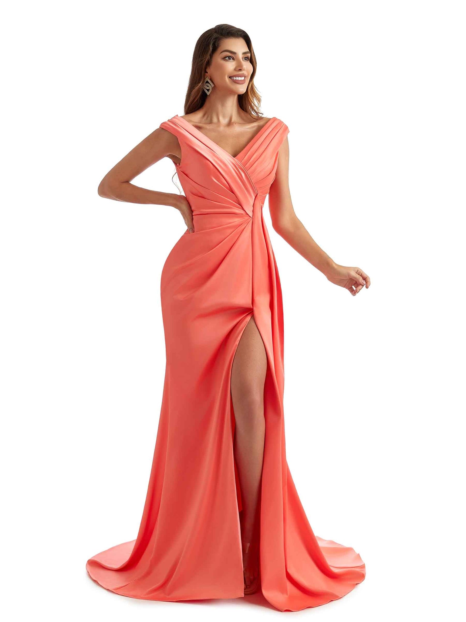 Robes robe satin mariage formelles uniques col en V fente latérale sexy cérémonie
