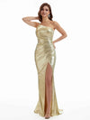 Sexy One Shoulder Side Split Mermaid Pleated Metallic Long Dresses Online