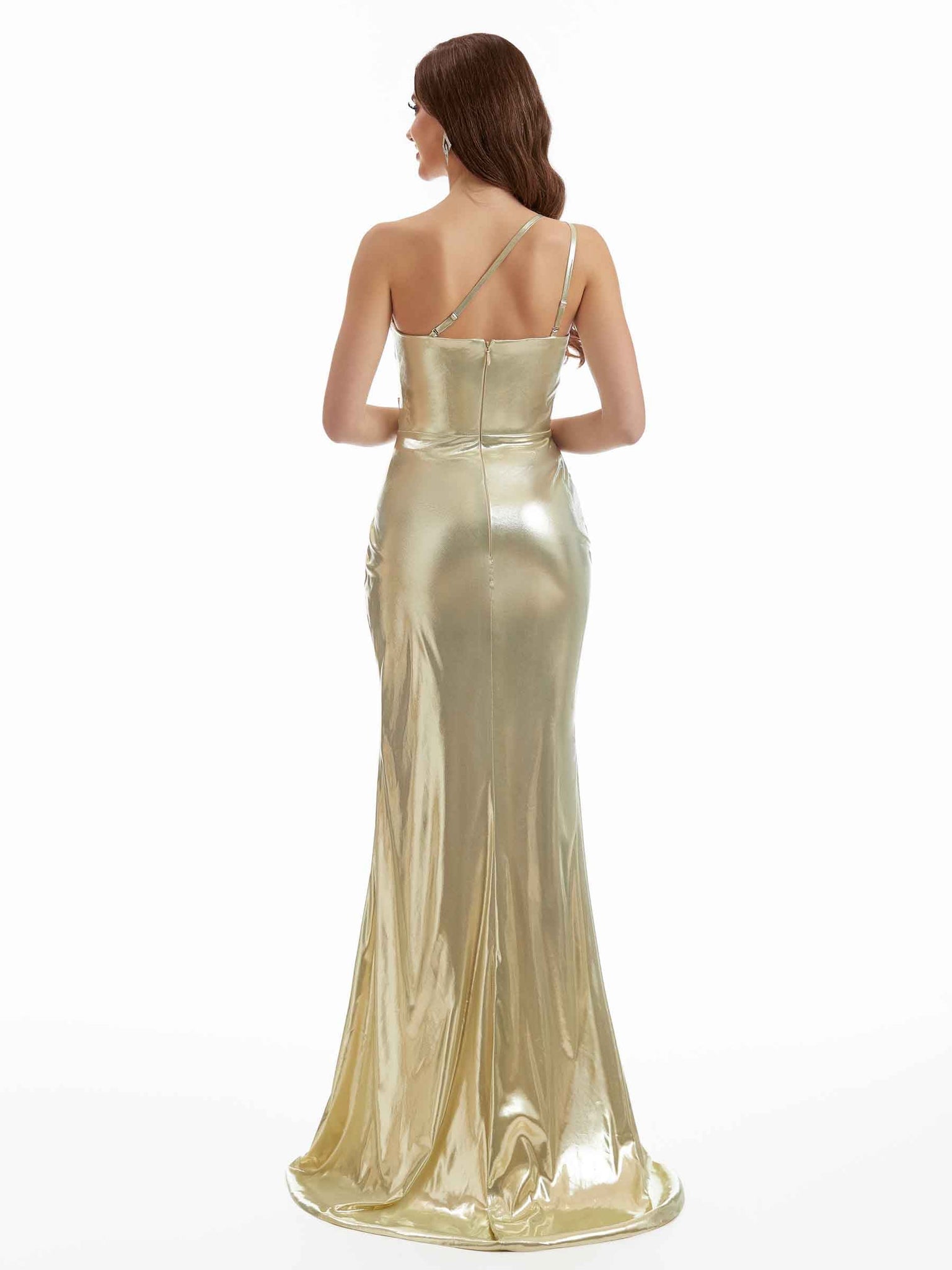 Robe longue plissée métallique sexy une épaule fendue sirène Fent