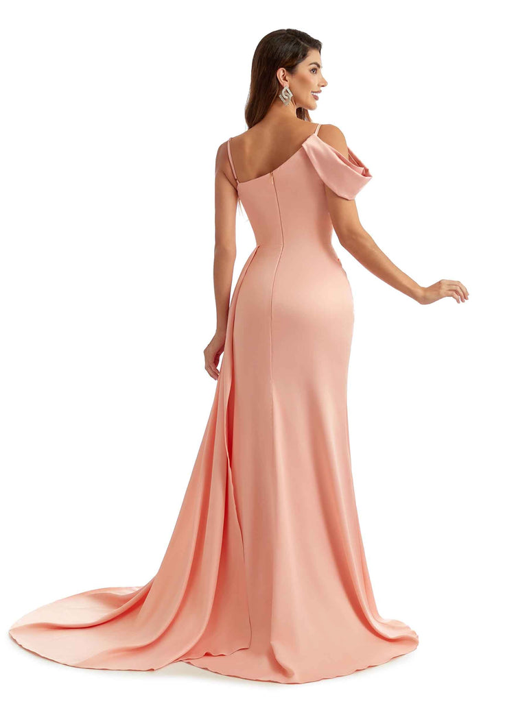 asymétrique Robe de demoiselle d'honneur longue en satin sexy fendue robe invitée mariage