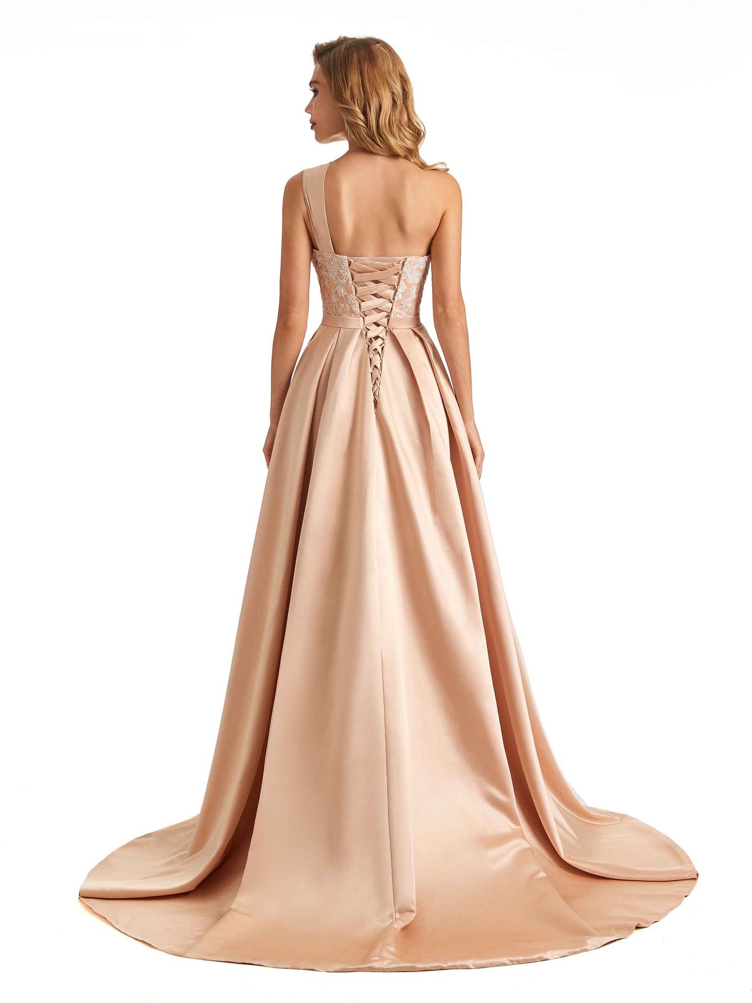 Robes de demoiselle d'honneur longues satin doux sexy fente latérale une épaule ligne A