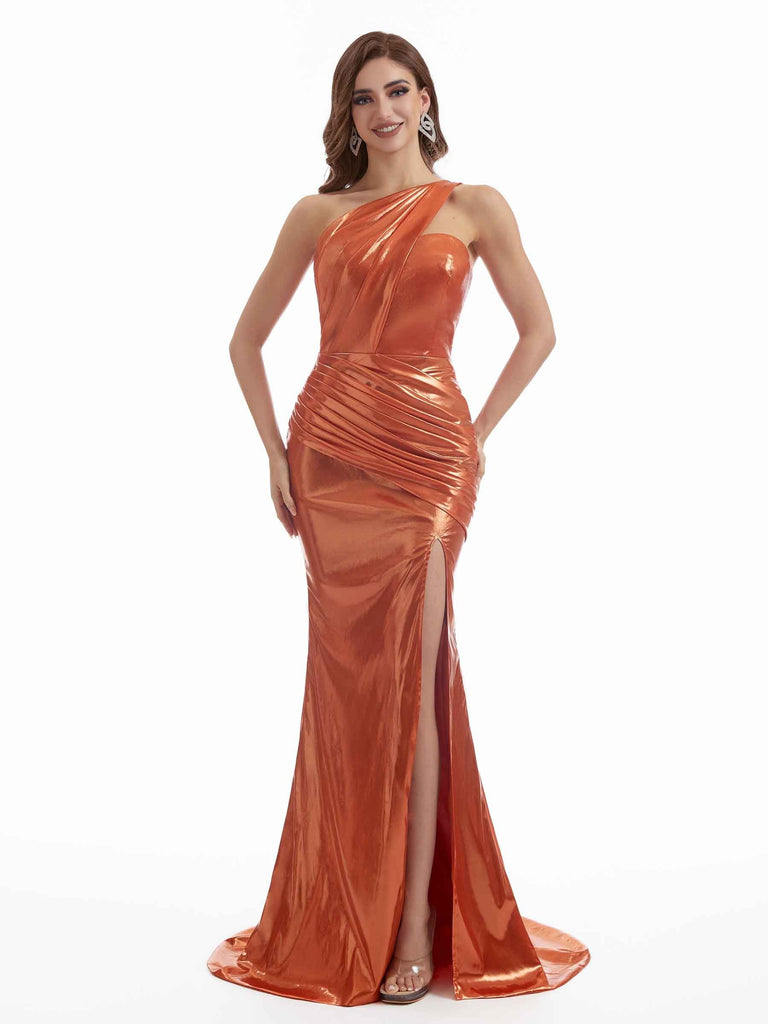 Sexy Side Split Mermaid One Shoulder Ruched Metallic Long Dresses Online