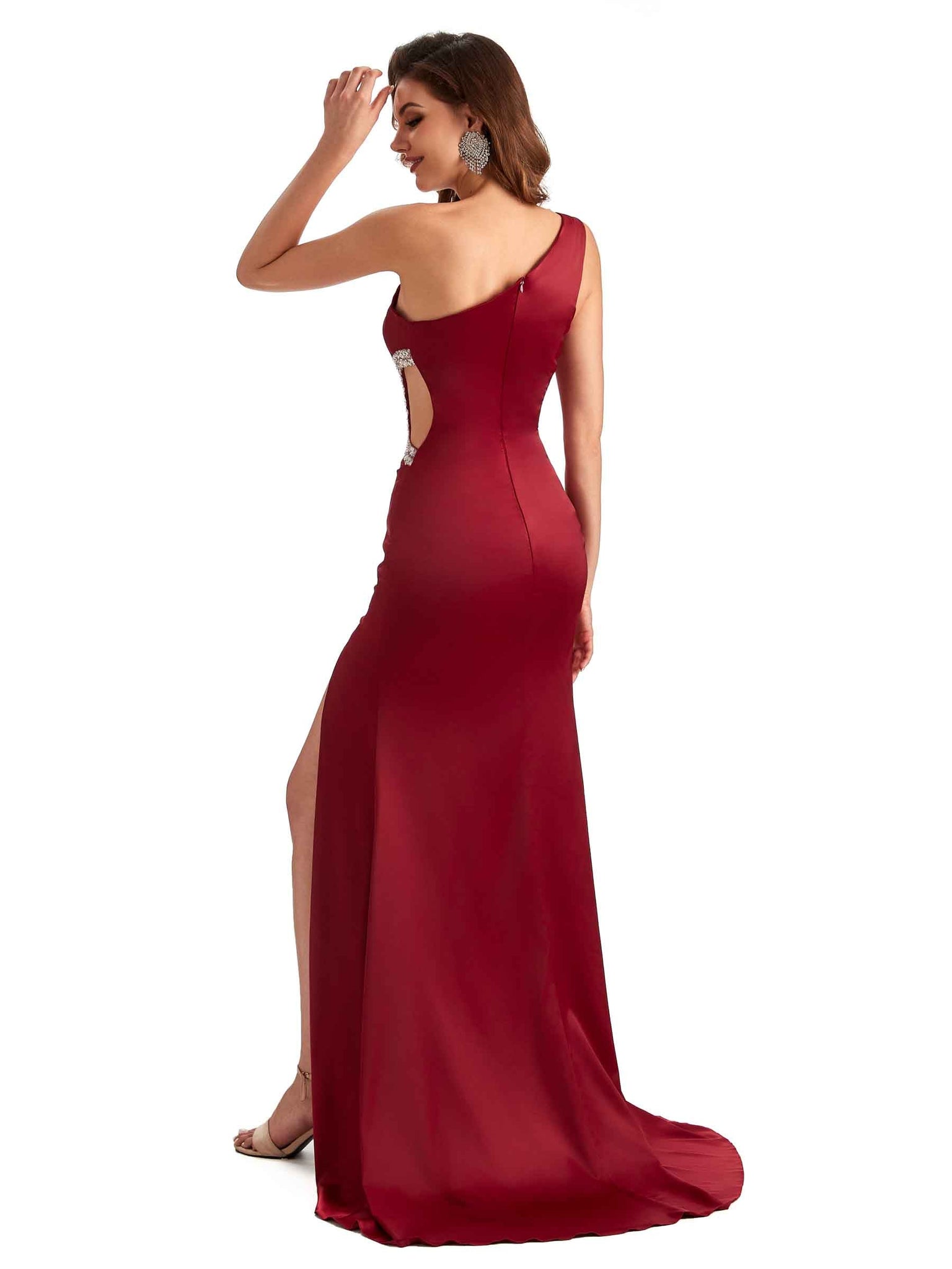 Robe de cérémonie mariée longue sexy en satin doux avec fente et dentelle sans manches