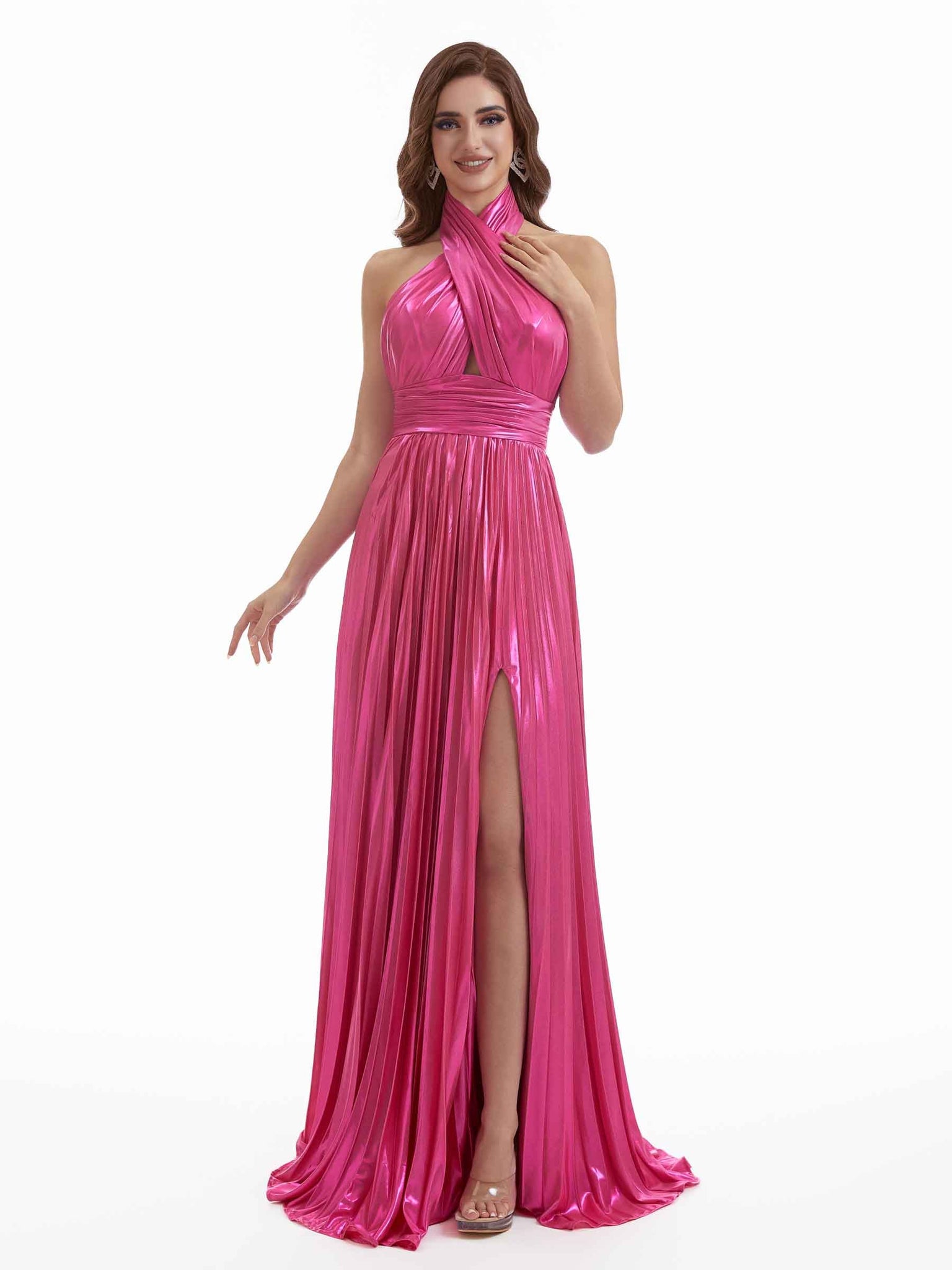 Robe métallique longue sexy à dos nu fente latérale  forme de A avec dos nu