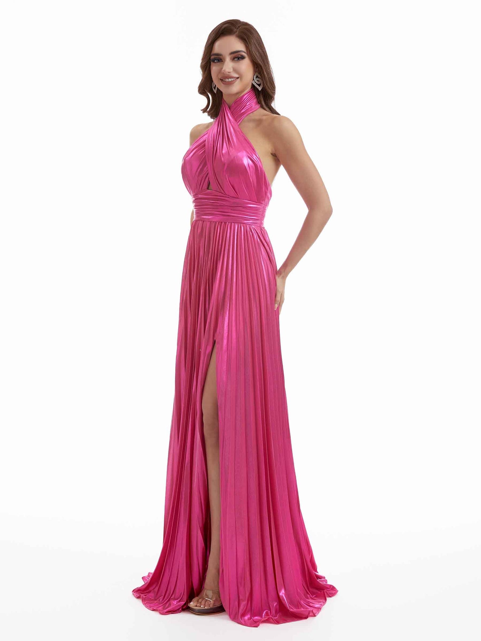 Robe métallique longue sexy à dos nu fente latérale  forme de A avec dos nu