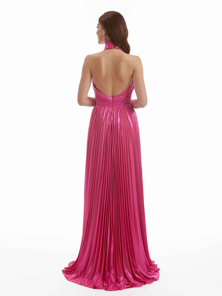 Sexy Side Split A-Line Halter Backless Metallic Backless Long Dresses Online