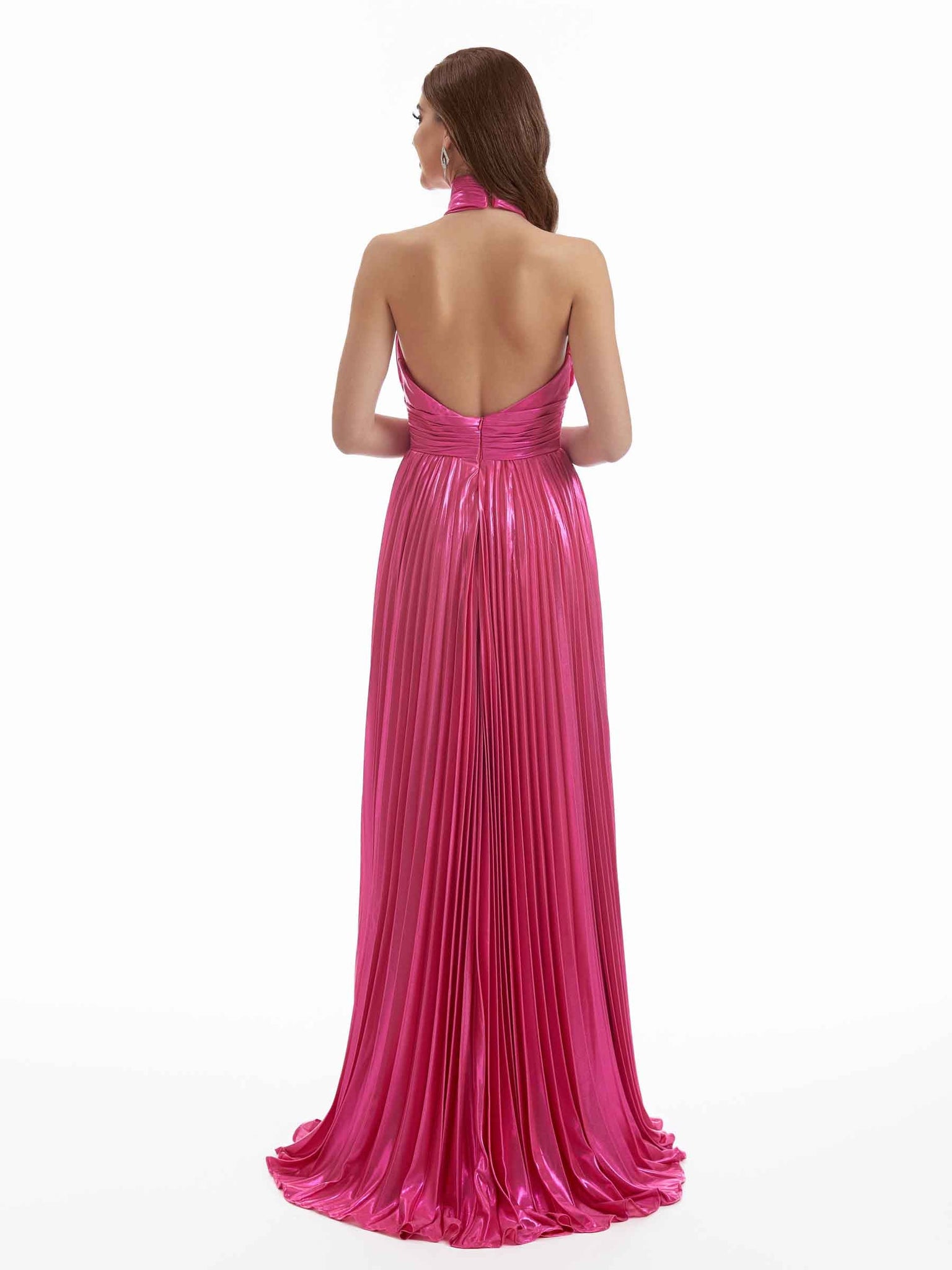 Robe métallique longue sexy à dos nu fente latérale  forme de A avec dos nu