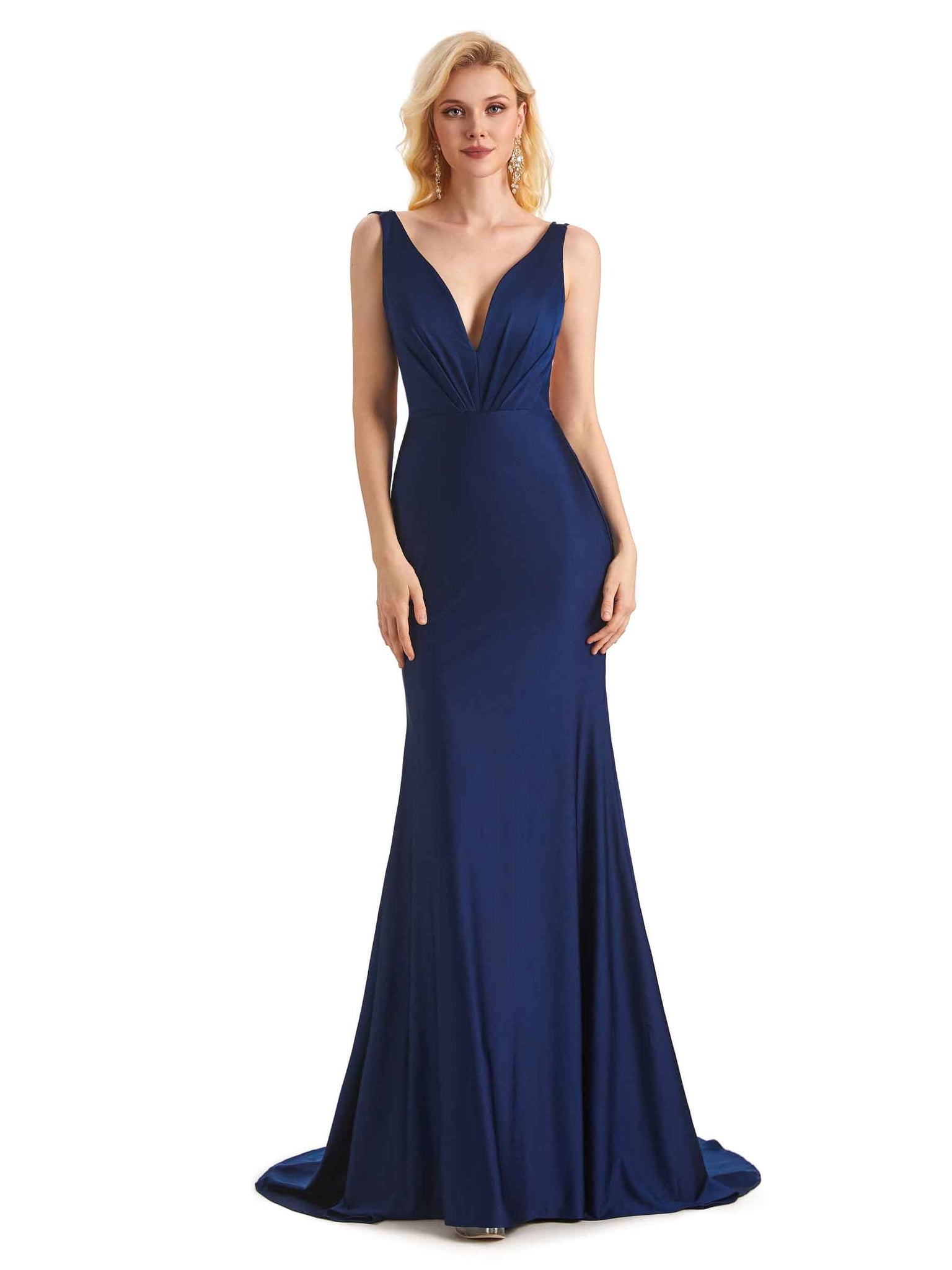 Robes de demoiselle d'honneur sexy dos nu sirène col en V jersey longues formelles