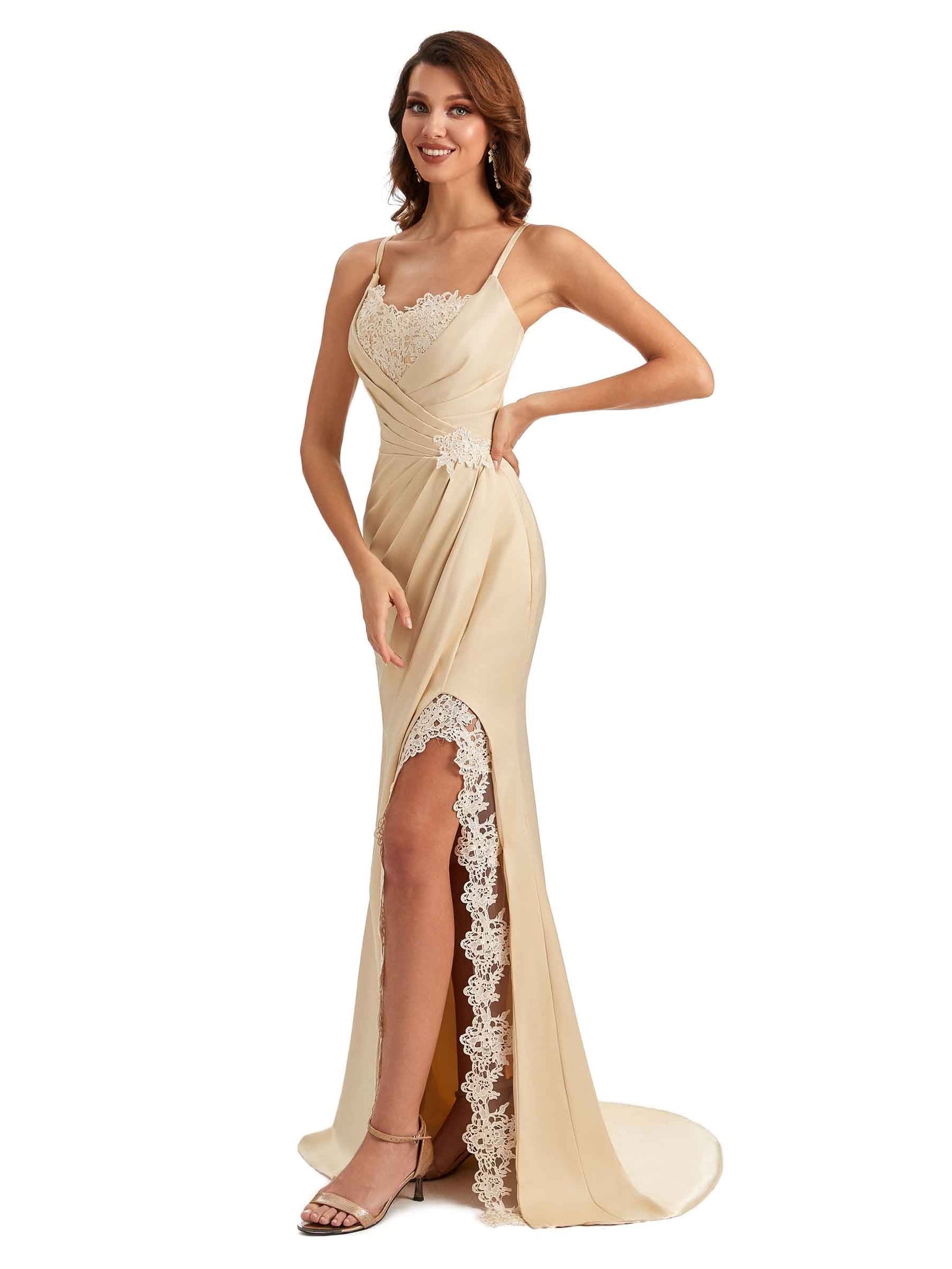 Robes de soirée mariage satin soyeux sirène en dentelle avec fente sexy bretelles