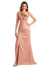 Robe de soirée longue satin sexy asymétrique épaule dénudée fente latérale sirène unique