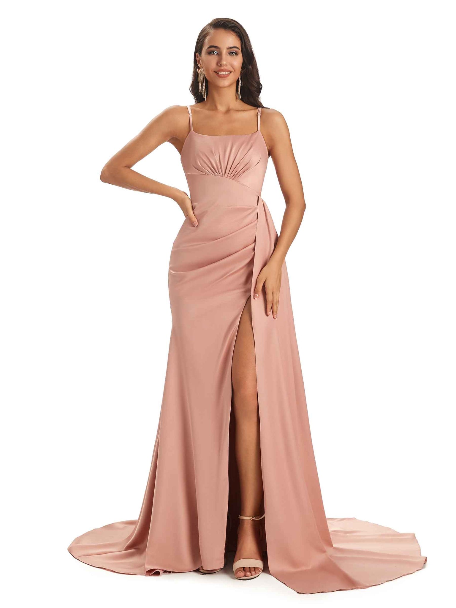 Robes invitée mariage uniques satin doux fente bretelles spaghetti  pour soiree