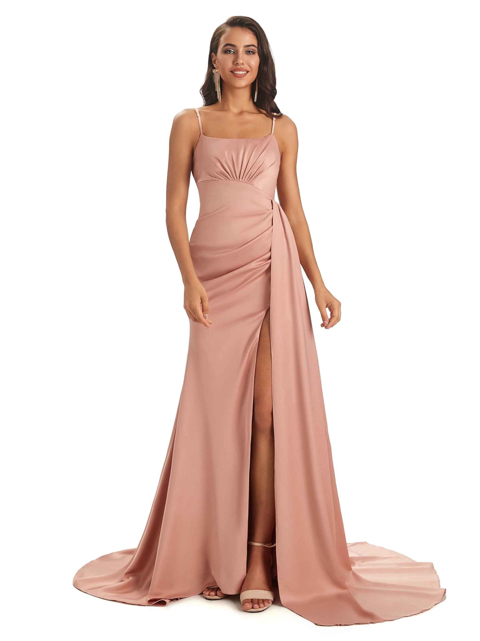 Robes invitée mariage uniques satin doux fente bretelles spaghetti  pour soiree