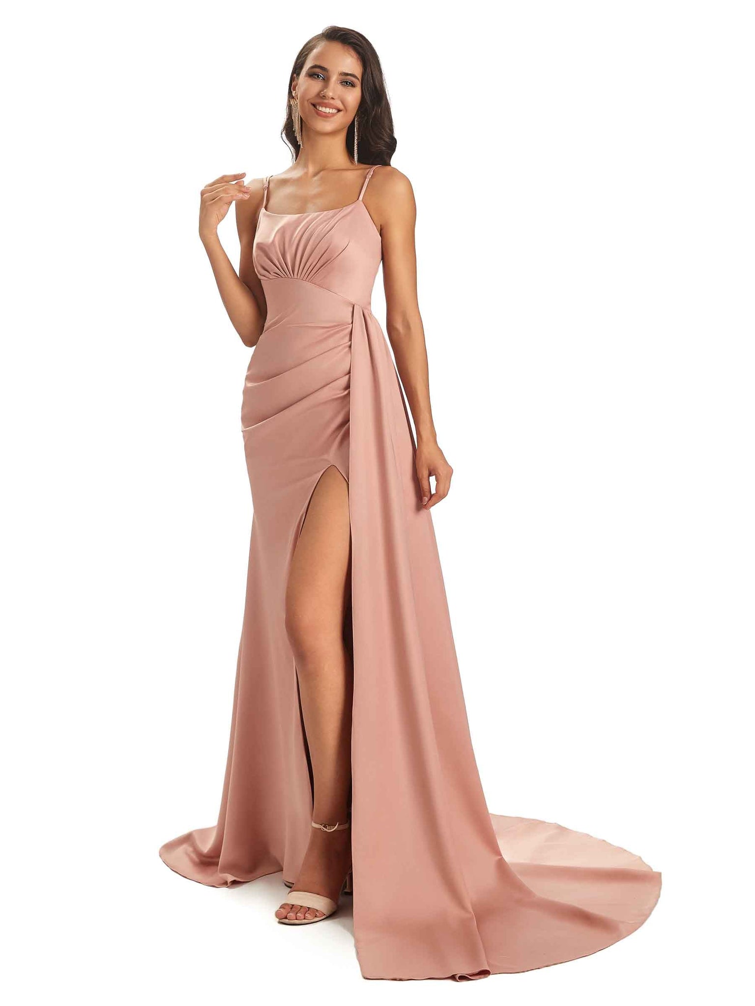 Robes invitée mariage uniques satin doux fente bretelles spaghetti  pour soiree