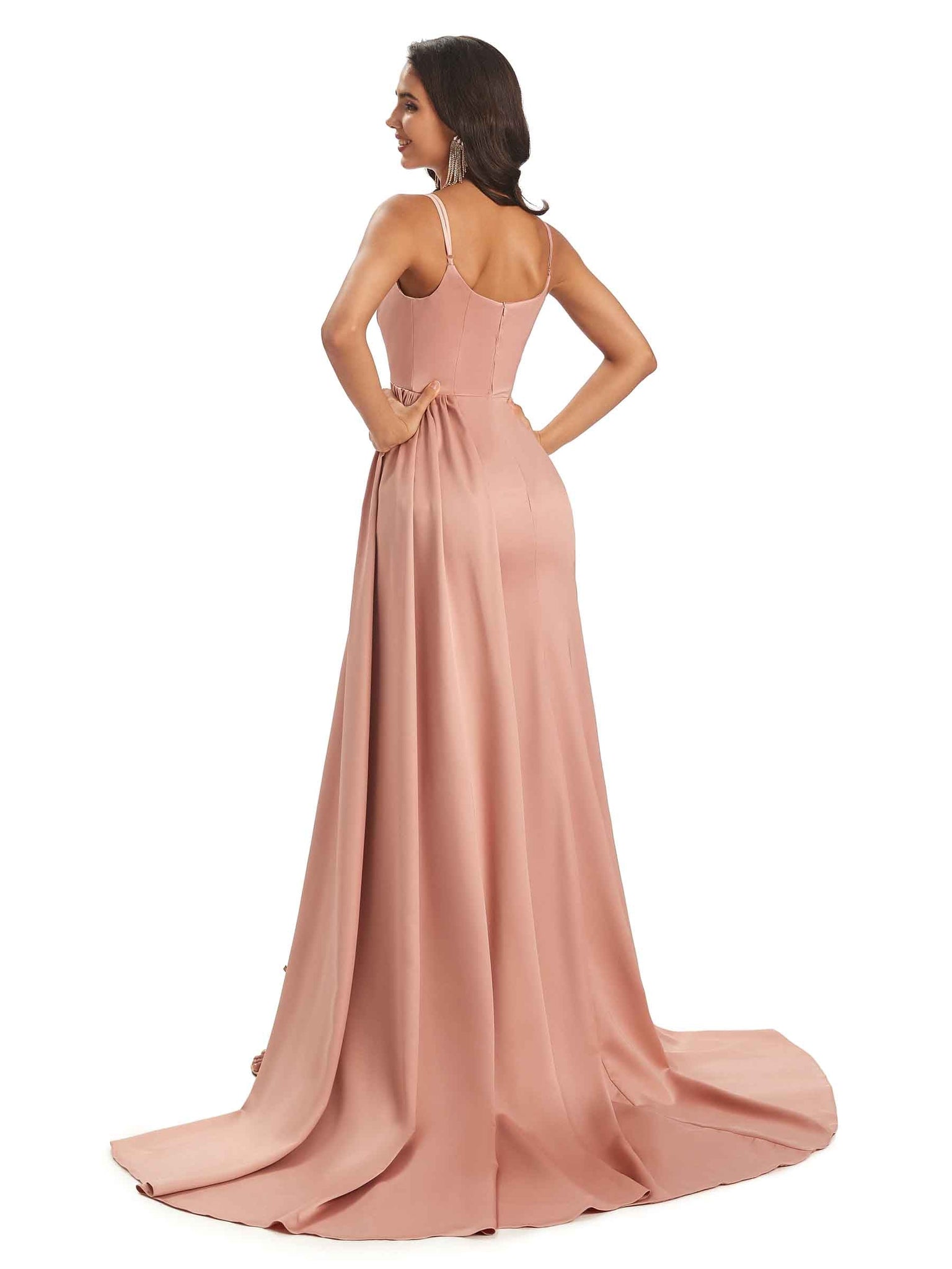 Robes invitée mariage uniques satin doux fente bretelles spaghetti  pour soiree