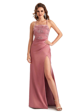 Robe invitée mariage longue en satin soyeux avec fente et dentelle sirène sexy dos nu