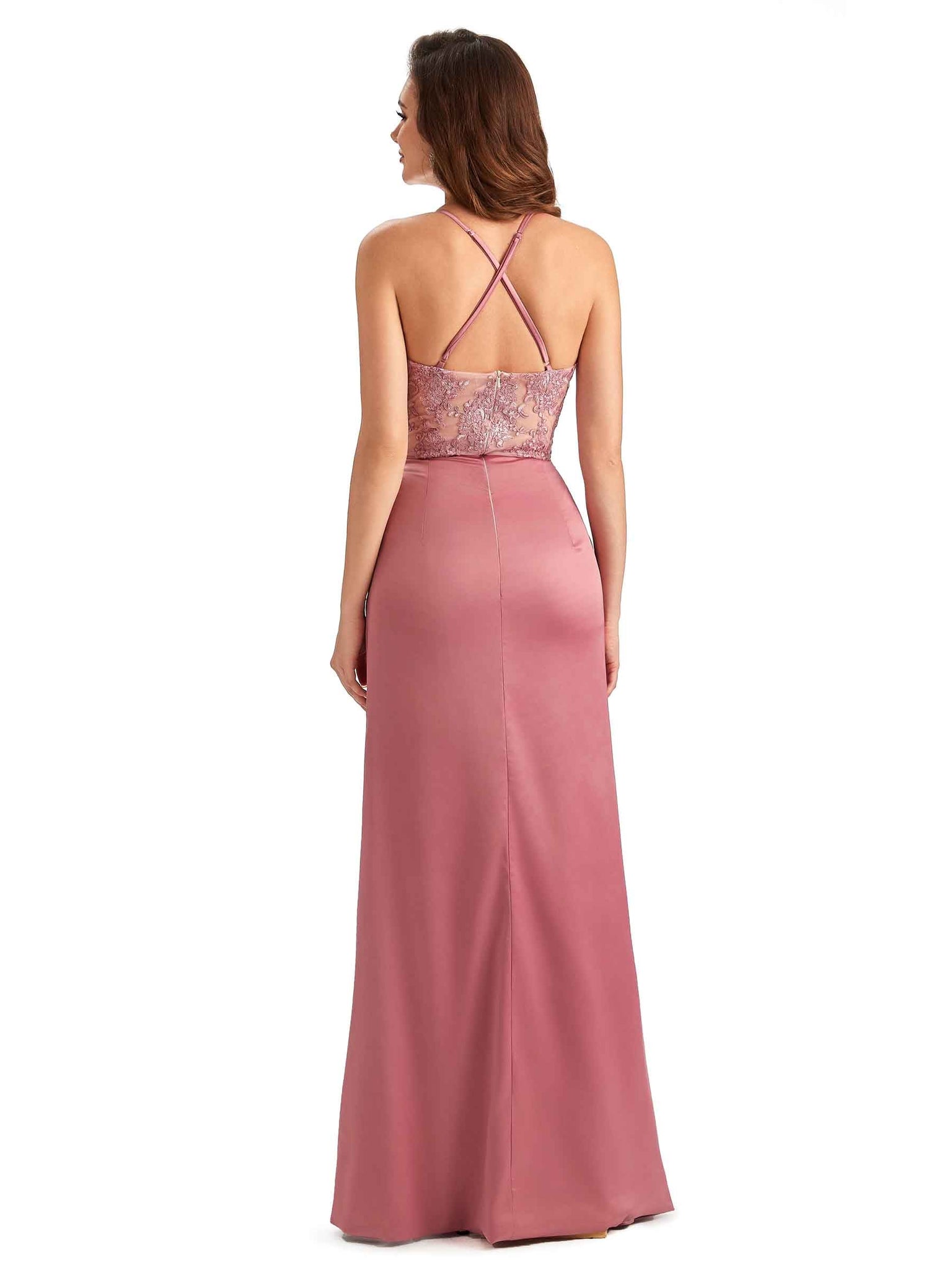 Robe invitée mariage longue en satin soyeux avec fente et dentelle sirène sexy dos nu