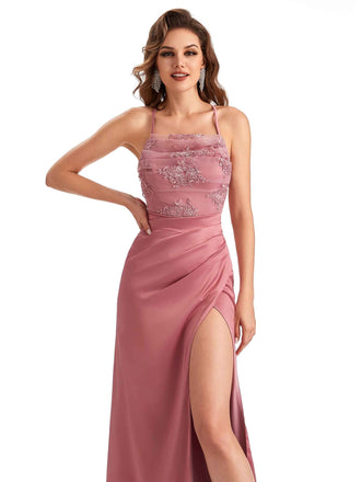 Robe invitée mariage longue en satin soyeux avec fente et dentelle sirène sexy dos nu